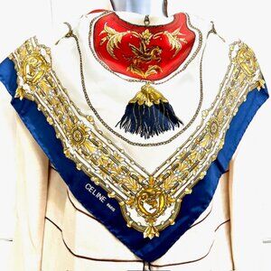 Celine Paris 100% Silk Satin Blue Ivery Gold Chain Scarf  34" Made In Italy (48)